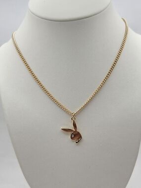 Playboy Bunny Rhinestone Pendant Necklace Gold Tone Adjustable 17-21" Y2K